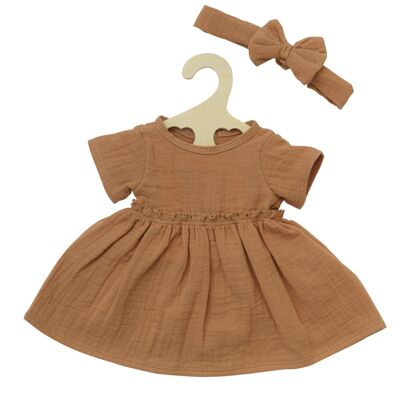 Robe de poupée en coton 100% biologique avec volants et bandeau, caramel, 2 pièces, taille. 35-45cm