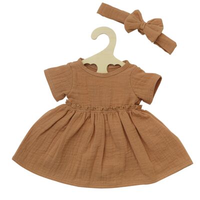 Vestido para muñeca confeccionado en algodón 100% orgánico con volantes y cinta para el pelo, color caramelo, 2 piezas, talla. 35-45cm