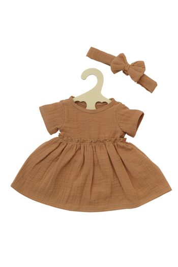 Robe de poupée en coton 100% biologique avec volants et bandeau, caramel, 2 pièces, taille. 28-35 cm 1