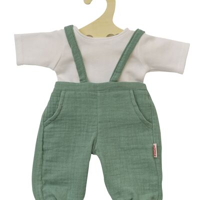 Peto de muñeca confeccionado en algodón 100% orgánico, verde salvia, con camiseta blanca, 2 piezas, talla. 35-45cm