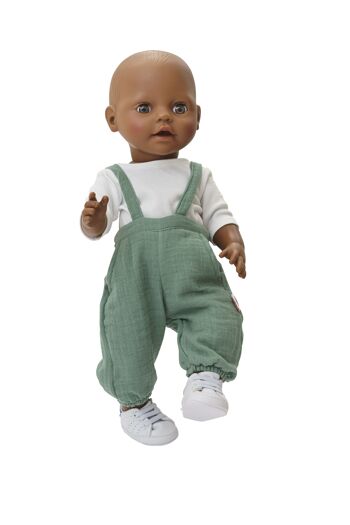 Salopette de poupée en coton 100% biologique, vert sauge, avec t-shirt blanc, 2 pièces, taille. 35-45cm 9