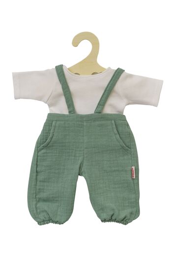 Salopette de poupée en coton 100% biologique, vert sauge, avec t-shirt blanc, 2 pièces, taille. 28-35 cm 1