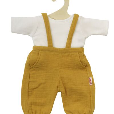 Salopette de poupée en coton 100% biologique, jaune miel, avec t-shirt blanc, 2 pièces, taille. 35-45cm