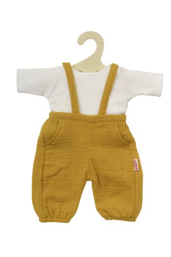 Salopette de poupée en coton 100% biologique, jaune miel, avec t-shirt blanc, 2 pièces, taille. 35-45cm 1