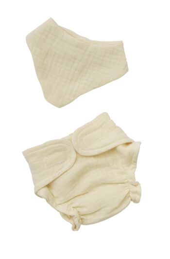 Ensemble bébé poupée avec couche lavable et bavoir en 100% coton biologique, écru, 2 pièces, taille. 35-45cm 1