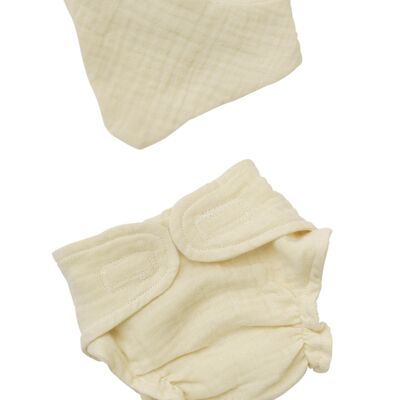 Conjunto de muñeca bebé con pañal de tela y babero confeccionado en algodón 100% orgánico, color crudo, 2 piezas, talla. 35-45cm