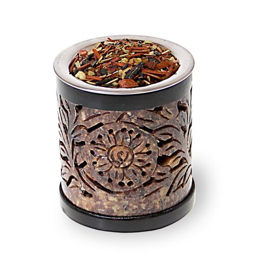 Braunes Räucherstövchen Speckstein mit Sieb und Glas für Öle - Blume