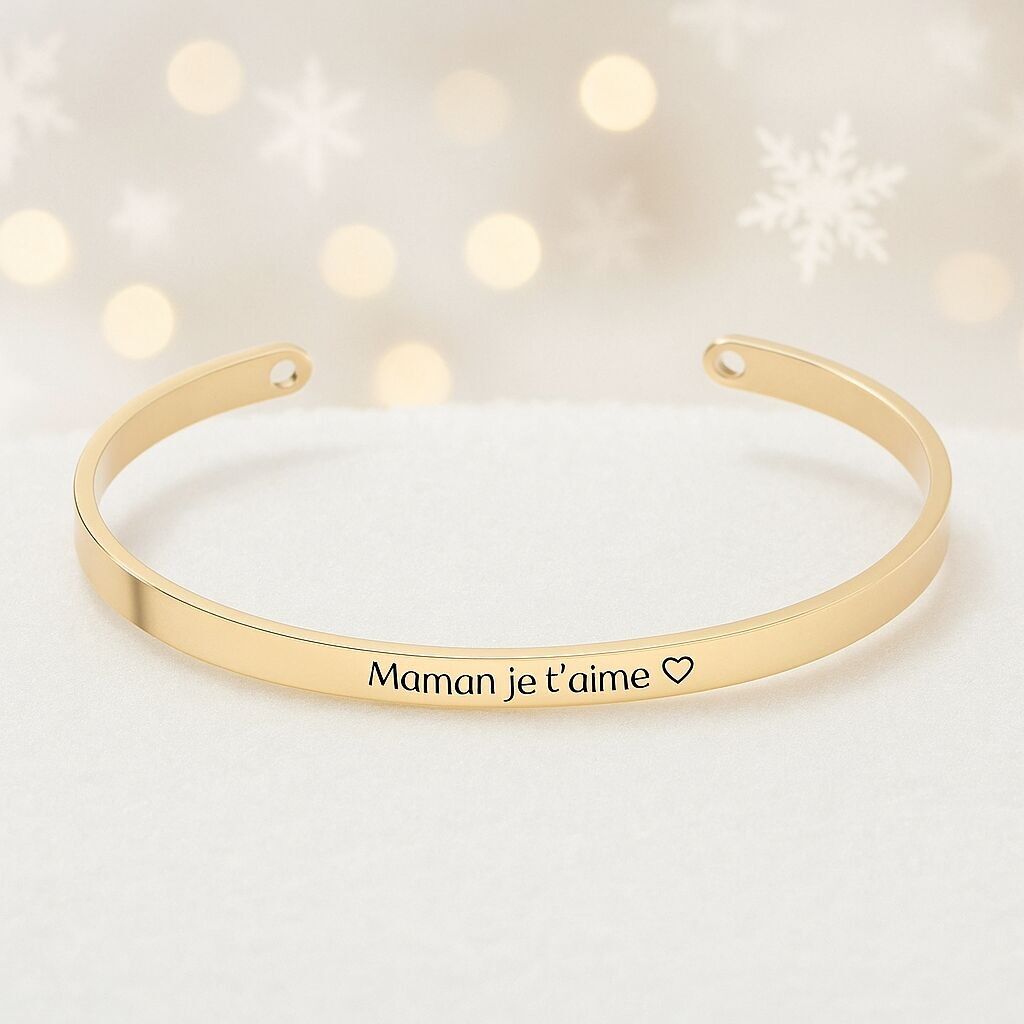 Pulsera brazalete de acero dorado "Maman je t'aime" | Corazón