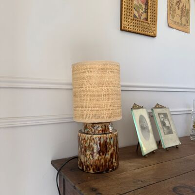 Lampada in ceramica cristallina flusso marrone-blu chic con paralume in rafia