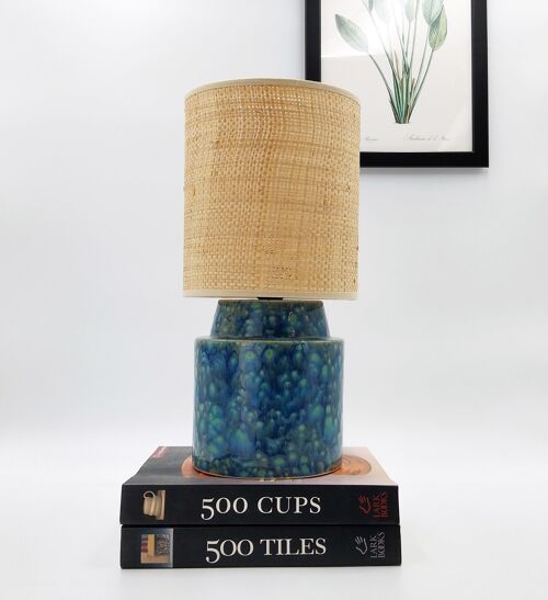 Blue-green crystaline ceramic lamp with Raffia fabric shade