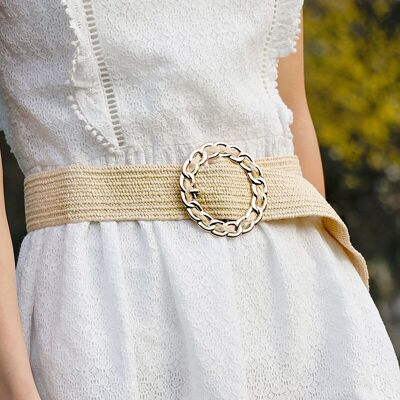 Raffia straw belt with elasticated metal buckle CF850