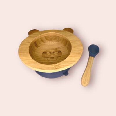 Set pappa Panda blu navy in bambù e silicone (ciotola + cucchiaio)