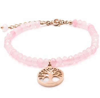 Bracelet en acier rosé - quartz rose arbre de vie nacre