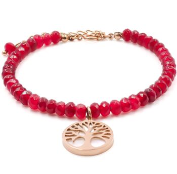 Bracelet en acier rosé - quartz rouge arbre de vie nacre