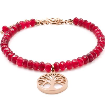Bracelet en acier rosé - quartz rouge arbre de vie nacre