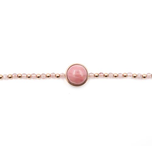 Bracelet en acier rosé - quartz rose, rhodo. cabochon