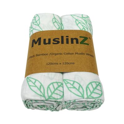 MuslinZ 2PK Couverture d'emmaillotage de luxe en bambou/coton biologique Aqua Leaf Print