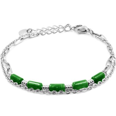 2 row steel bracelet - 4 green agate tubes