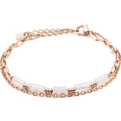 Brazalete de acero rosa de 2 hileras - 4 tubos de cuarzo rosa