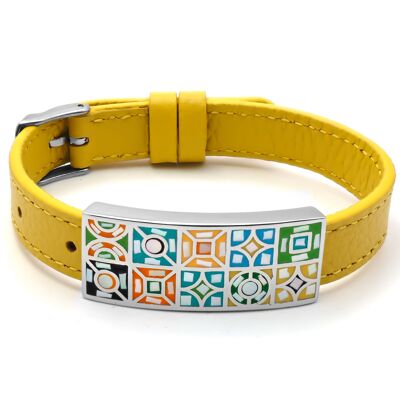 Bracelet in steel, enamel and mother-of-pearl yellow leather