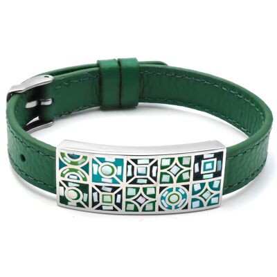 Bracelet in steel, enamel and mother-of-pearl green leather