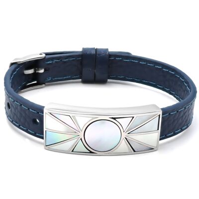 Bracelet in steel, enamel and mother-of-pearl dark blue leather