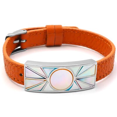 Bracelet in steel, enamel and mother-of-pearl orange leather