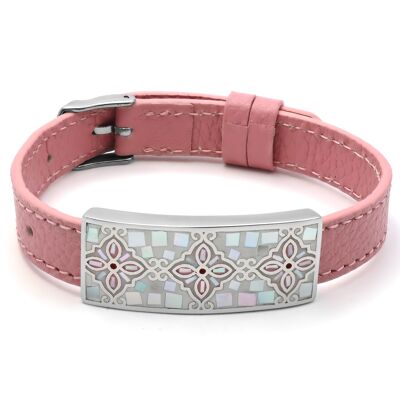 Bracelet in steel, enamel and mother-of-pearl pink leather