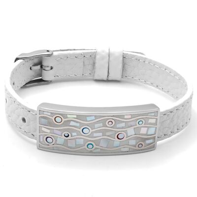 Bracelet in steel, enamel and mother-of-pearl white leather