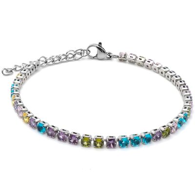 Steel bracelet - multicolor round faceted zircons
