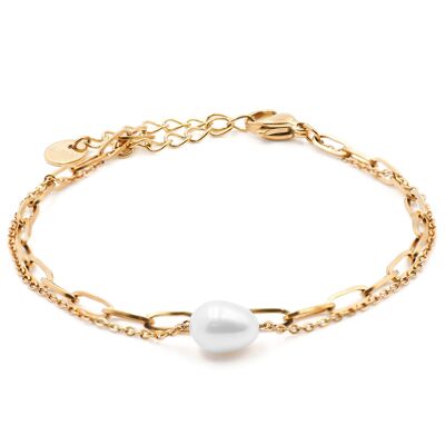 Pulsera de acero dorado de 2 hileras - perlas naturales