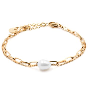 Bracelet en acier dorés 2 rangs - perles naturelles