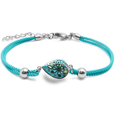 Bracelet en acier coton bleu cyan - email et nacre