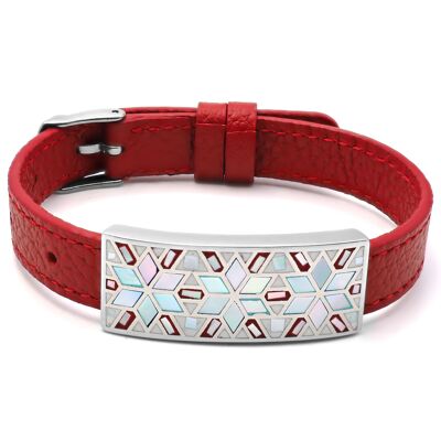 Bracelet in steel, enamel and mother-of-pearl red leather
