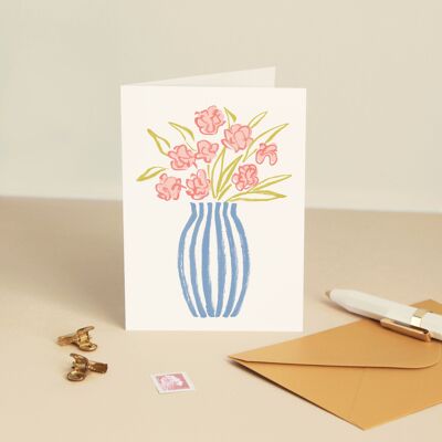 Tarjeta de jarrón de rayas floridas - Cumpleaños / Felicitaciones / Ilustración de pintura en acuarela - Tarjeta de felicitación