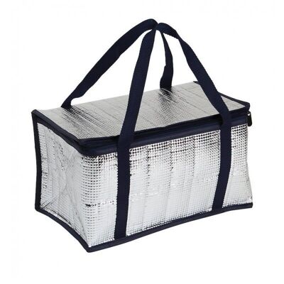 Aluminum colored and navy outline insulated bag