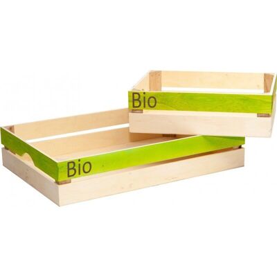 Caja en madera natural y logo orgánico verde.
