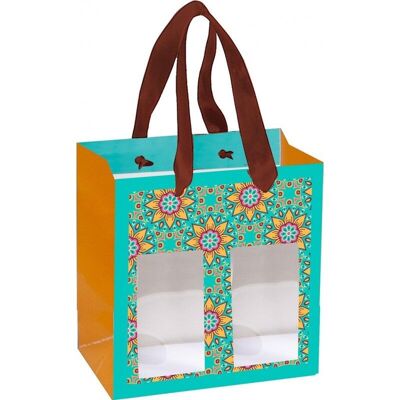 Bolsa de cartón 2 ventanas decoración de verano flores amarillas sobre fondo azul.