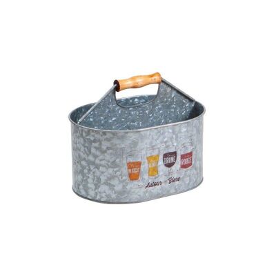 Zinc-look metal basket with 1 wooden handle, beer decoration
