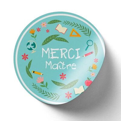 Blue round sticker Merci Maitre 4cm - batch of 500