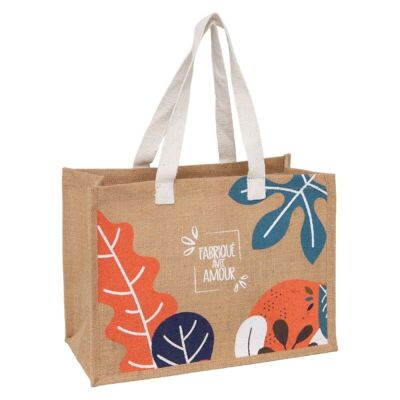 Jute bag "MADE WITH LOVE" + white leaf decoration/handles