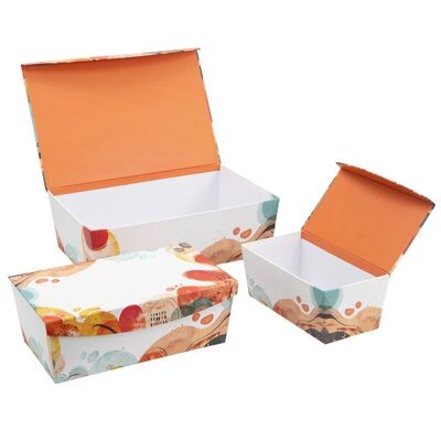 Set de 3 cajas de cartón con estampado de colores.