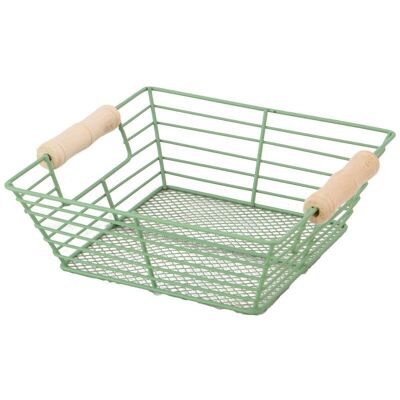 Square metal basket with Sauvage green wood handles 20x20x7 cm