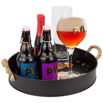 Plateau metal rond noir poignees cordes Fresh Beer 32x6cm 2