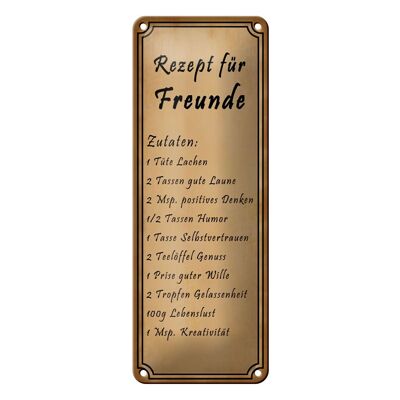 Cartel de chapa que dice Receta de 10x27 cm para decoración de bolsa de risa de amigos
