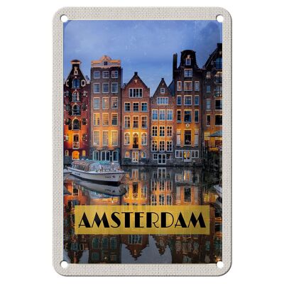 Targa in metallo da viaggio 12x18 cm Amsterdam di notte decorazione destinazione di viaggio