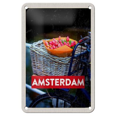 Cartel de chapa de viaje, decoración de bicicleta, tulipanes Retro de Amsterdam, 12x18cm