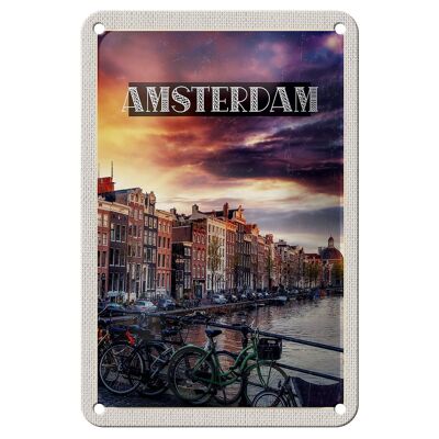 Panneau en étain voyage 12x18cm, décoration coucher de soleil à Amsterdam