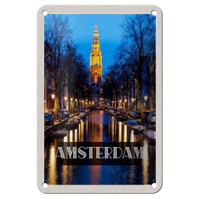 Targa in metallo da viaggio, 12 x 18 cm, decorazione notturna retrò Amsterdam Munt Tower