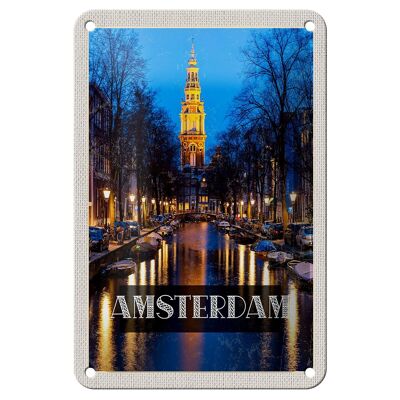 Blechschild Reise 12x18cm Retro Amsterdam Munt Tower Nacht Dekoration